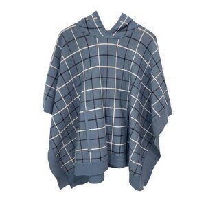 Tahari Hooded Poncho Sweater One Size Plaid Pullover Blue White Cozy Knitwear